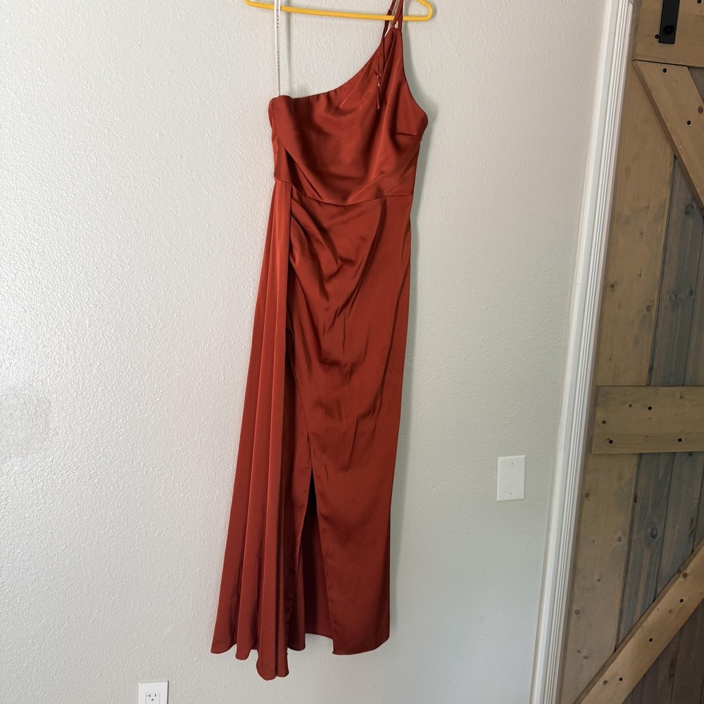 Azazie Dress Womens 12 Orange One Shoulder Satin Maxi Bridesmaid Ruched Slit